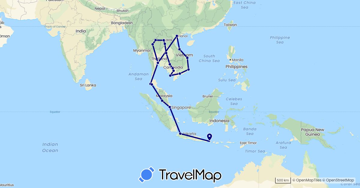 TravelMap itinerary: driving in Indonesia, Cambodia, Laos, Malaysia, Singapore, Thailand, Vietnam (Asia)